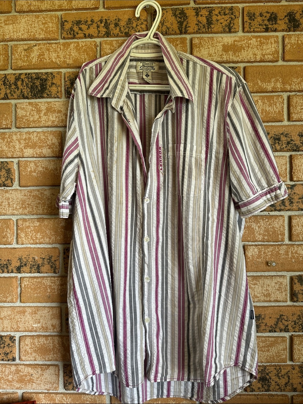 Casual Short-Sleeve Button-Down Shirt - Cream, Gray & Burgundy Stripes